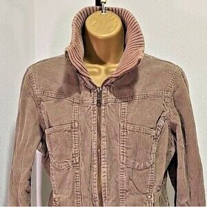Corduroy Zip Jacket Womens Sz Medium Beige Knit Collar Bella Y2K Trucker Grunge